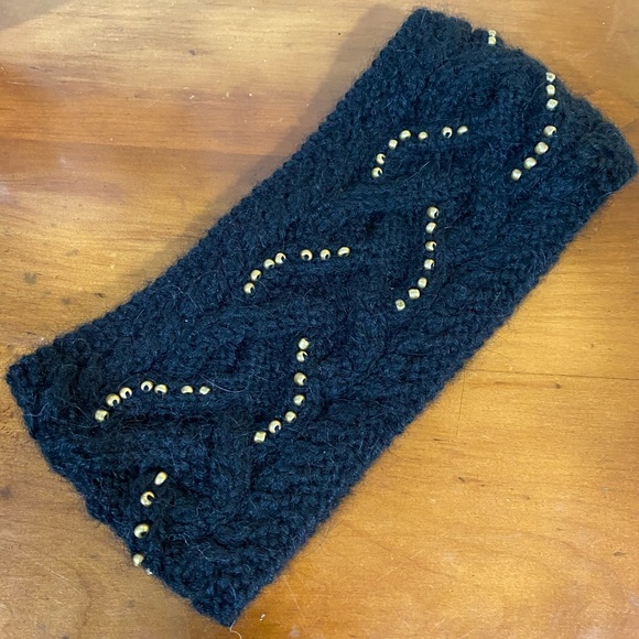 Black Woven Alpaca Earwarmer with Gold Beads - Picture 1 of 2